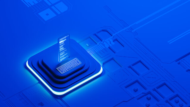 Programming code displayed on glass screen in 3D environment