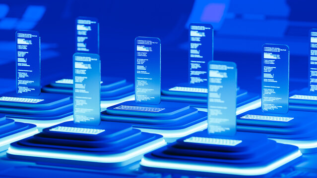 Programming code displayed on glass screen in 3D environment