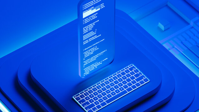 Programming code displayed on glass screen in 3D environment