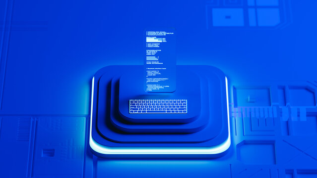 Programming code displayed on glass screen in 3D environment