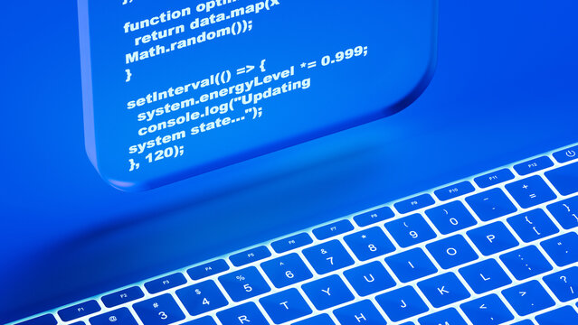 Programming code displayed on glass screen in 3D environment