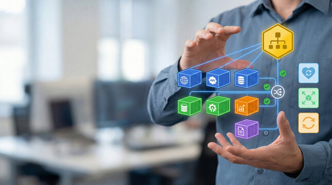 IT Engineer Managing Container Orchestration and Kubernetes, Future Cloud Infrastructure with Microservices Visualization, Automated DevOps Workflow and Software Deployment Concept
