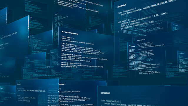 Screens display programming code for artificial intelligence task