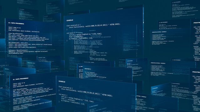 Screens display programming code for artificial intelligence task
