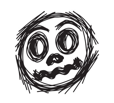 A spooky, hand-drawn black and white doodle of a Jack-o'-lantern face with large, expressive eyes and a wavy, jagged mouth, perfect for Halloween or scary themes
