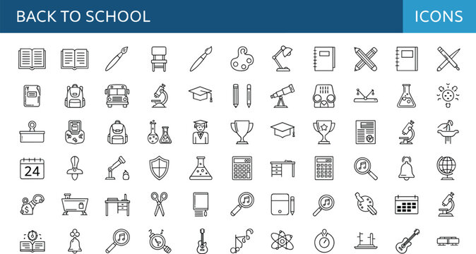 Back to school outline icon set including education supplies classroom tools backpack microscope calculator calendar music and science symbols