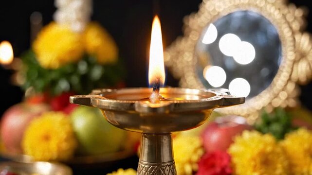 Close-up of a lit kuthuvilakku oil lamp with kanni flowers and fruits, celebrating tamil new year puthandu.