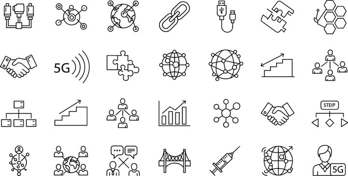 Technology and network connectivity outline icon set including 5G communication data sharing collaboration workflow global connection and integration symbols