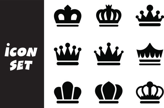 A set of black crown icons on a for royalty and nobility symbols with various designs and styles for use in different contexts and applications