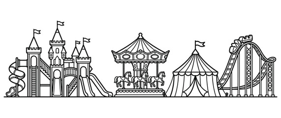 Amusement park rides and attractions on white background vector outline. © NAZMA