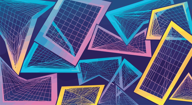 Retro-futuristic background featuring overlapping wireframe geometric shapes with grid patterns in neon gradients of blue, pink, and yellow.