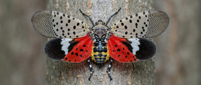 Vivid macro of a spotted lanternfly showing colorful wings on bark