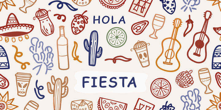 A colorful hand drawn pattern of mexican themed illustrations and lettering