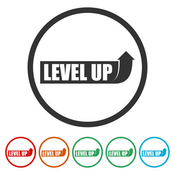 Level up with arrow icon. Set icons in color circle buttons