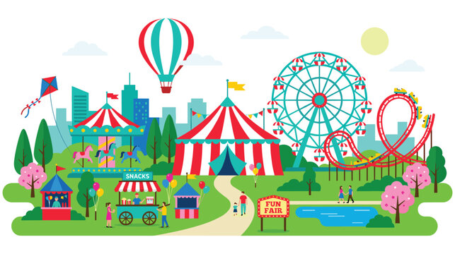 Amusement park with various rides stalls hot air balloon and cityscape.