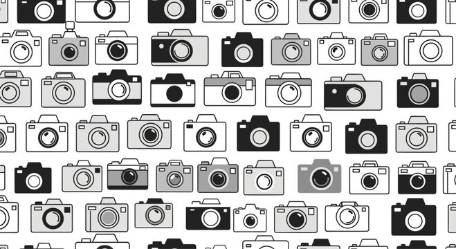 Comprehensive seamless pattern featuring a diverse collection of stylized vintage and modern cameras in black, white, and grey on a clean white background.