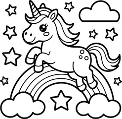 Obraz premium A cute unicorn jumping over a rainbow with stars and clouds for coloring