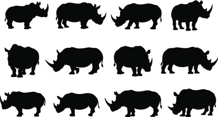 Rhinoceros silhouettes vector set, rhino animals collection with different poses wildlife design © MdMajnur