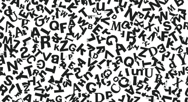 Chaotic seamless pattern featuring a dense array of scattered, random letters of the alphabet in bold black on a clean white background.