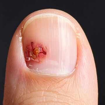 A close-up of a thumb with a damaged fingernail