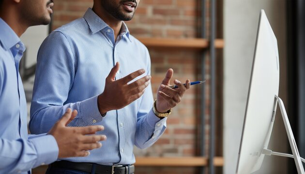 Two colleagues of South Asian descent collaborating in a creative studio