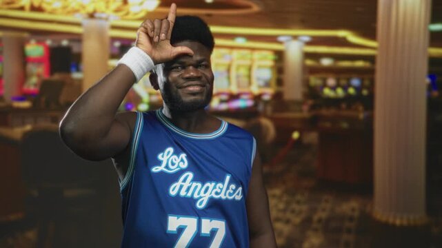 Young man smiling makes l sign with hand to forehead while wearing blue los angeles jersey 77 by slot machine in casino building; playful bravado.
