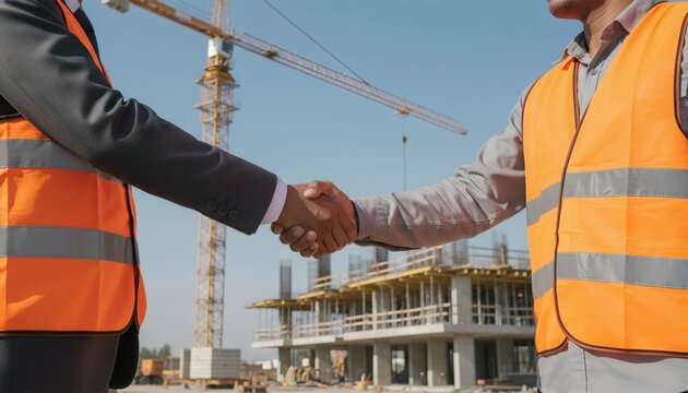 Two construction professionals of South Asian descent shaking hands at a sunlit building site