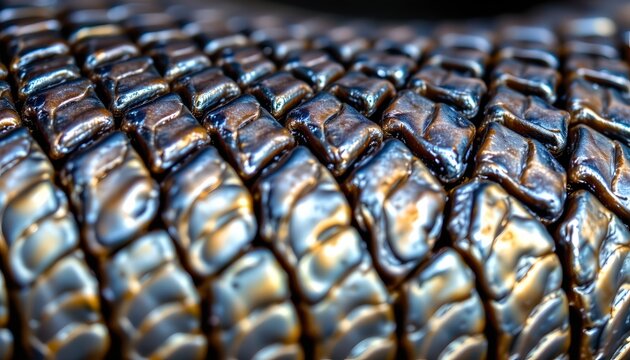 The image shows a close up view of a surface covered with small, glossy, dark brown objects arranged in neat rows