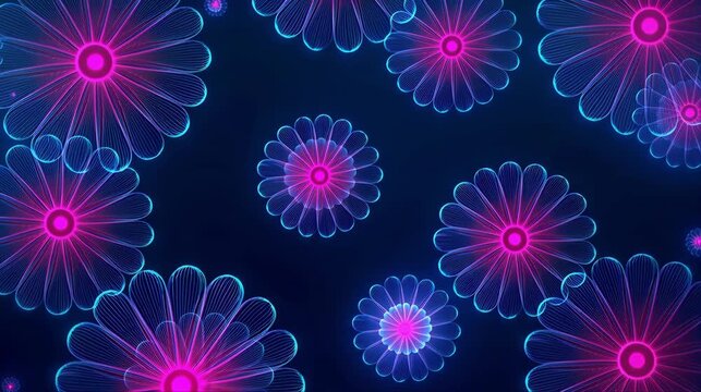 
Scattered glowing pink and blue neon daisy flowers on a dark blue background. Abstract digital botanical pattern perfect for wellness beauty technology and modern creative projects.