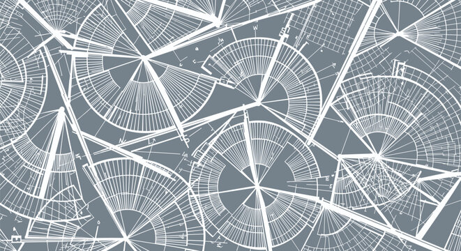 Dense seamless pattern composed of overlapping architectural blueprints or intricate technical drawings with geometric and radial elements on a grey background.