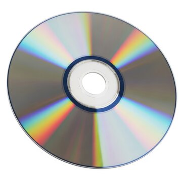Close-up of blank CD disc with vibrant rainbow light reflection on white background for tech and media projects