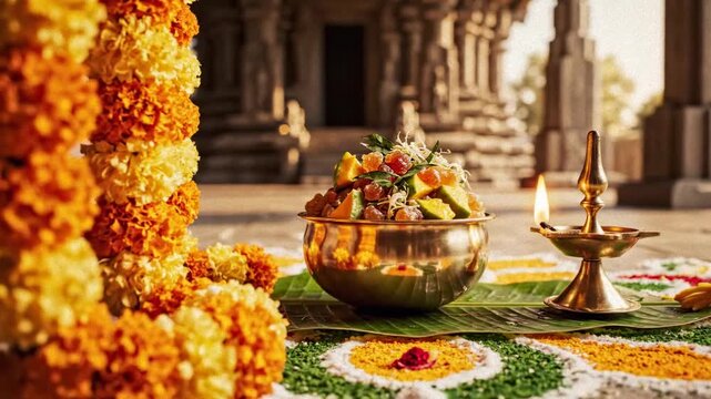 Vibrant close-up of traditional kanni and kuthuvilakku with mangai pachadi, celebrating puthandu at a temple.