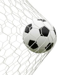 Fototapeta premium Soccer ball flying into white mesh goal net with dramatic shadow and clean background