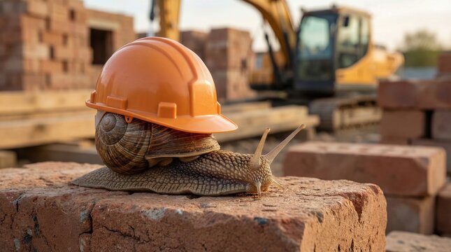 Snail wearing construction helmet on building site, symbolizing slow construction progress and project delays. Deadline pressure, inefficiency and time management concept