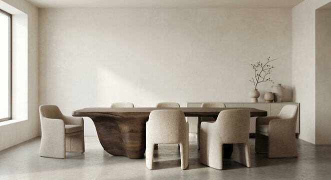 A minimalist dining room features a large, live-edge wooden dining table surrounded by upholstered chairs, with a sideboard displaying decorative vases and a branch in the background.