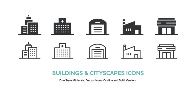 建築物のアイコンセット。高層ビル,病院,倉庫,工場等の線画と塗りのベクターアイコンセット