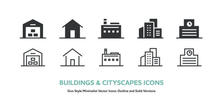建物のシンプルアイコンセット。倉庫,家,工場,ビル街,学校の線画とシルエットのベクターアイコン