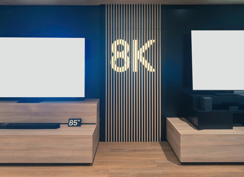Modern electronics store display with 8K TV and soundbar