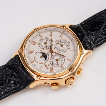 Ebel self-winding chronograph, model 1911 perpetual calendar, reference 5136901, 18kt rose gold case, moon phase dial. Milan. Italy_September 3, 2025