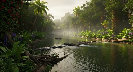 Fototapeta premium Tranquil river flowing through lush green jungle landscape with palm trees
