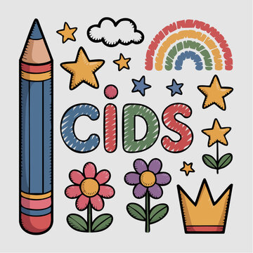 colorful hand-drawn illustration kids stationery elements with text