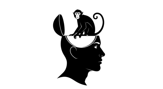 Monkey Mind Concept Silhouette Human Head Open Brain.
