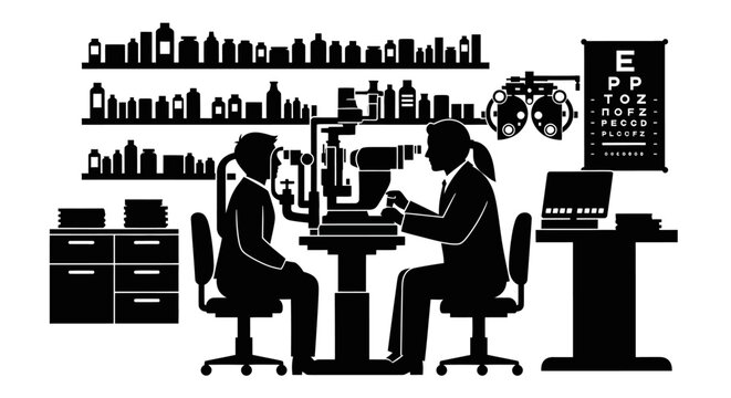 Optometrist examining patients eyes with specialized equipment.