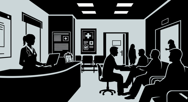 People waiting in a doctors office reception area.