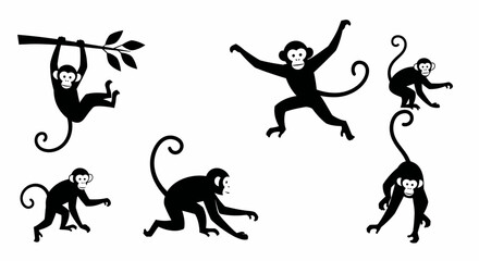 Set of Six Black Monkey Silhouettes in Various Poses. © Aruna