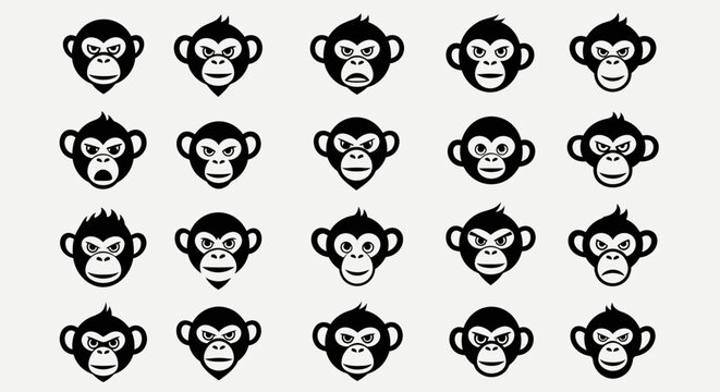 Collection of Diverse Monkey Face Emoticons and Expressions.