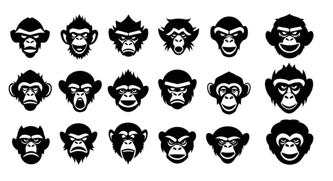 Collection of Diverse Monkey Face Silhouettes for Graphic Design.