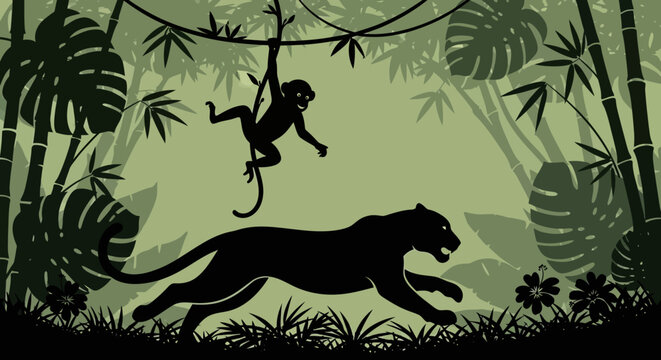 Silhouette of a Panther and Monkey in a Jungle.