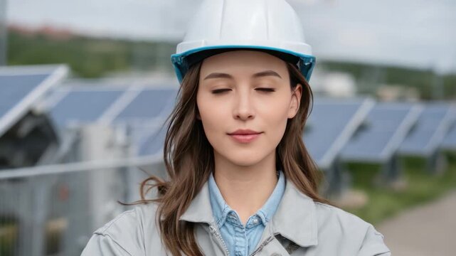 Renewable Energy Engineer's Contemplation: An engineer in a hard hat closes her eyes, perhaps contemplating sustainable energy solutions. Surrounded by solar panels.