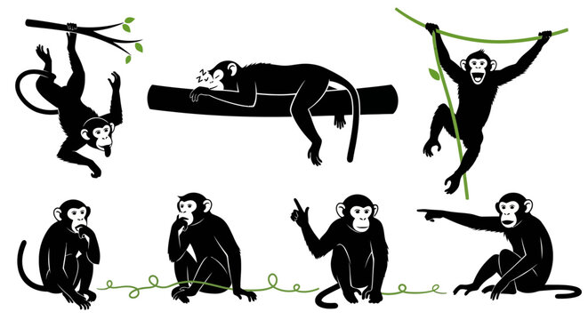 Collection of Diverse Monkey Silhouettes in Various Poses.